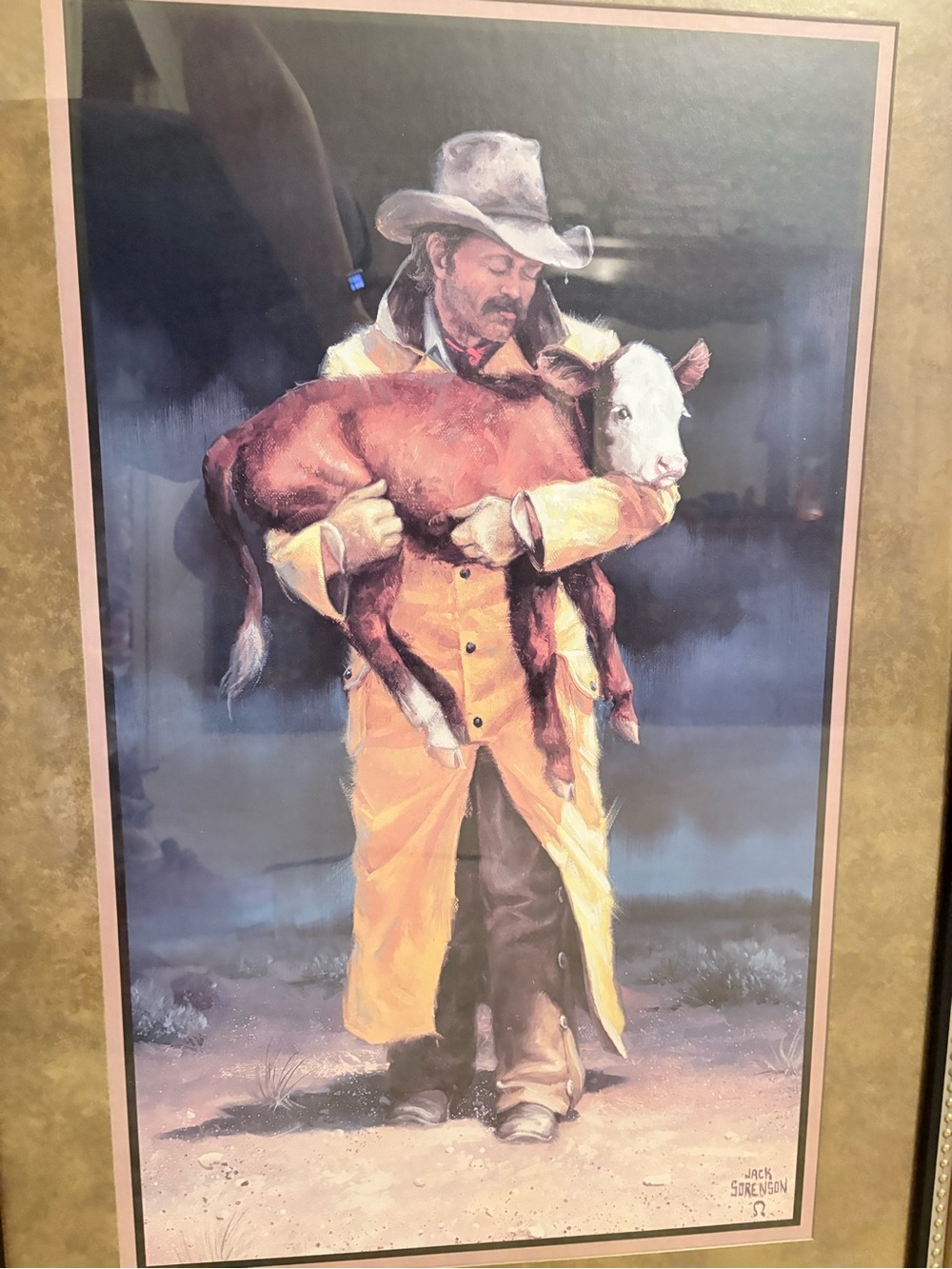 Jack Sorenson Cowboy Art Print in Yellow Coat Carrying Calf